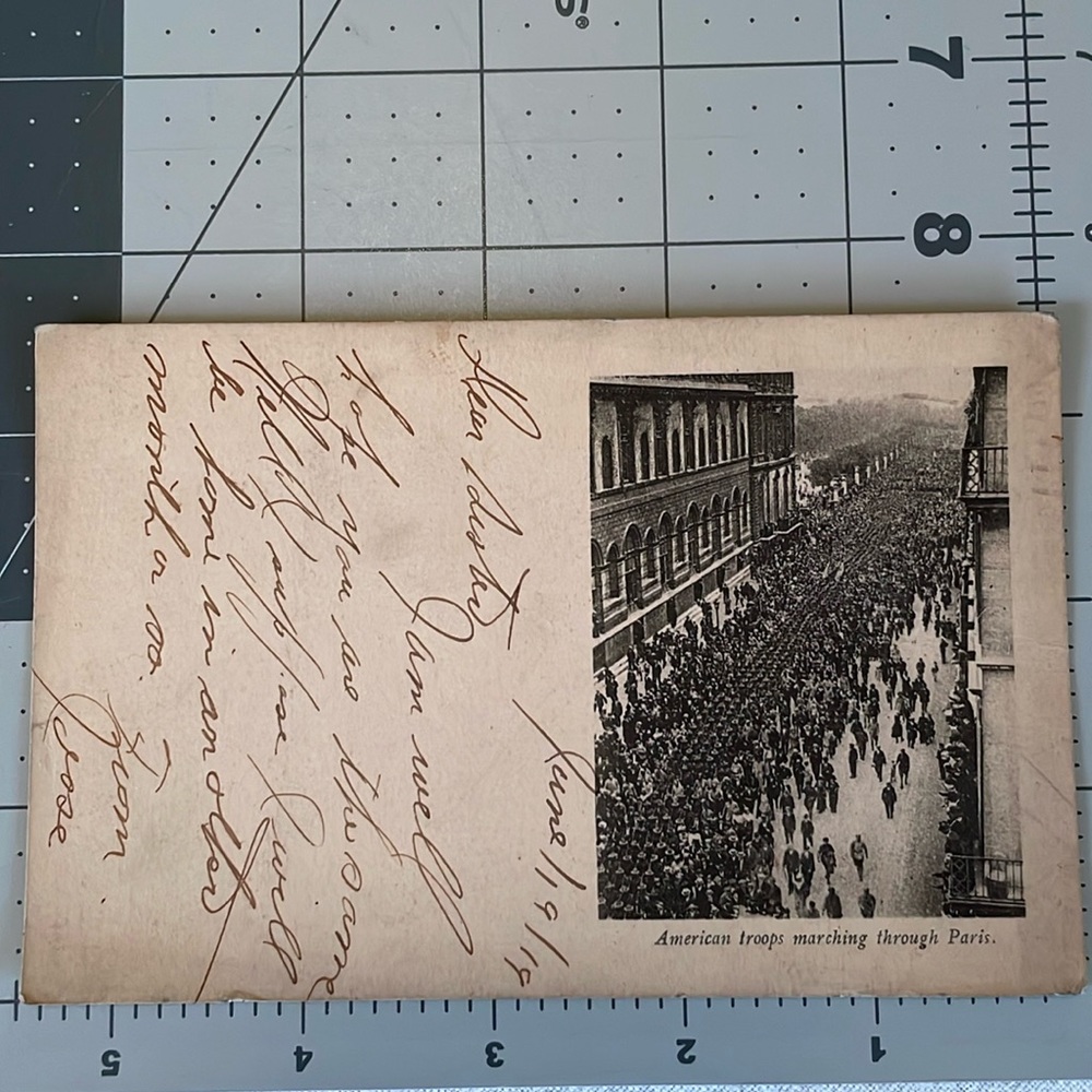 Postcard, American Red Cross, WWI (1919), American Troops Marching through Paris